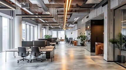 An innovative office space with clean lines, advanced technology, and a minimalist design.