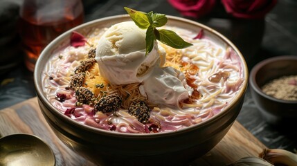Close-up shot of a bowl of creamy falooda, layered with vermicelli, basil seeds, and rose syrup, topped with a scoop of ice cream.