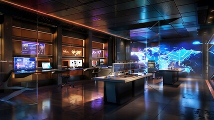 An innovative workspace featuring high-tech equipment, interactive displays, and a stylish, organized desk.