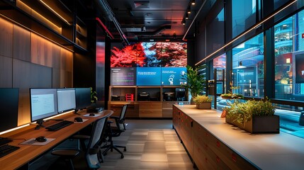 An innovative workspace featuring high-tech equipment, interactive displays, and a stylish, organized desk.