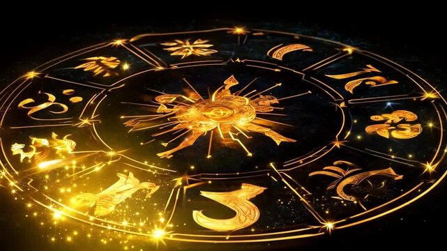Golden zodiac wheel shining in the universe on black background