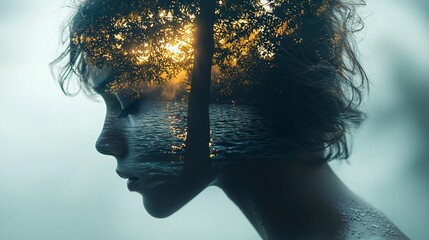 Double exposure portrait that combines a person's profile with elements of nature