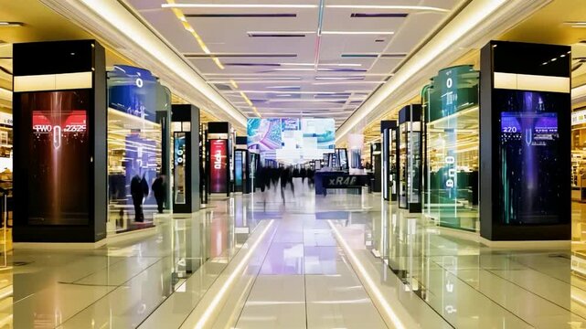 Exploring the bustling shopping corridor in a modern airport terminal at night