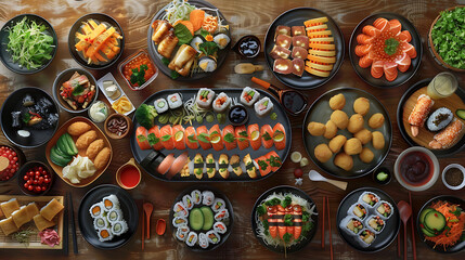 Fototapeta premium Japanese restaurant dinner table spread in top-down view, array of beautifully plated sushi, sashimi, tempura, surrounded, fresh salads, traditional Japanese food