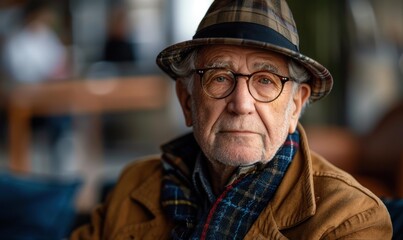 An older man with glasses and a hat looks directly at the camera. AI.