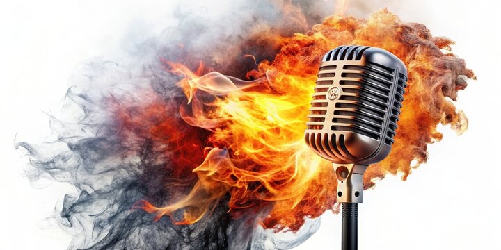 Watercolor microphone with flames shooting out, creating a fiery visual effect , music, microphone, fire, watercolor, art