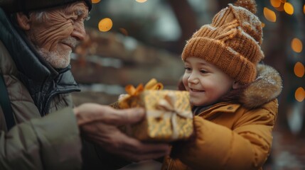Naklejka premium A senior man gives a wrapped present to a smiling young boy. AI.