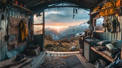 Fototapeta premium Photo of a camping tent with impressive mountain views, surrounded by space inside the tent, natural atmosphere.