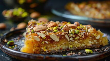 Close-up shot of a rich slice of sohan halwa, golden and nutty, topped with almonds and pistachios.