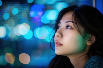 A woman gazes upwards with a thoughtful expression. AI.