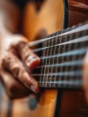 Fototapeta premium A hand playing the strings of a guitar. AI.