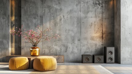 Gold vase flowers on pouf in modern living room with speakers and concrete wall