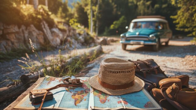 a map of the world on an outdoor table accompanied by hats and a car in the background - Powered by Adobe