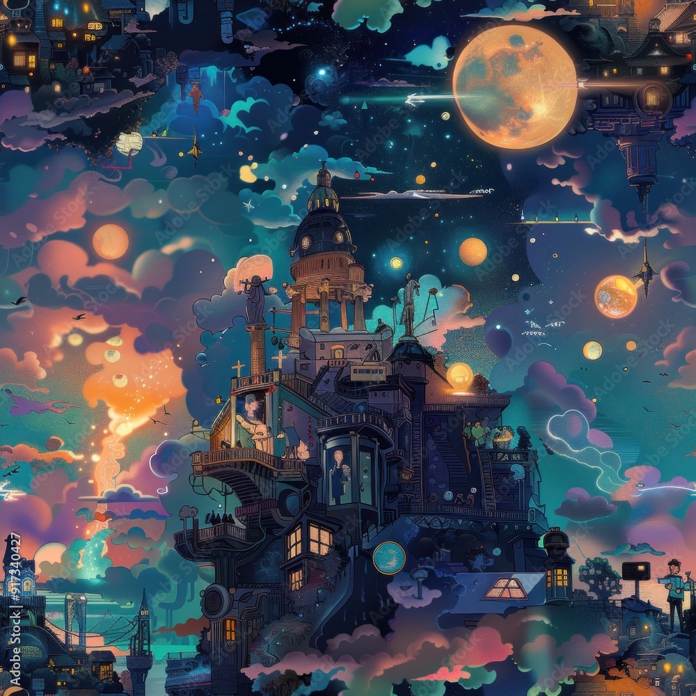 Wall mural surreal cityscape with multiple moons and stars.