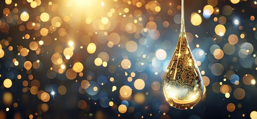 A single golden drop of liquid hangs suspended in mid air, shimmering against a background of twinkling lights.  The image evokes a sense of luxury, beauty, and purity.