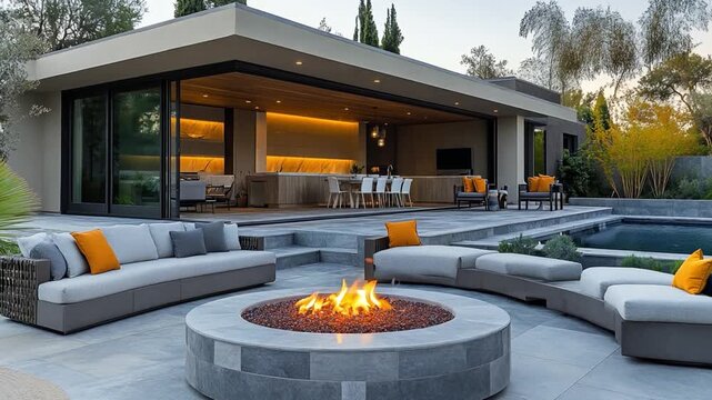 Modern home exterior at twilight featuring fire pit and pool