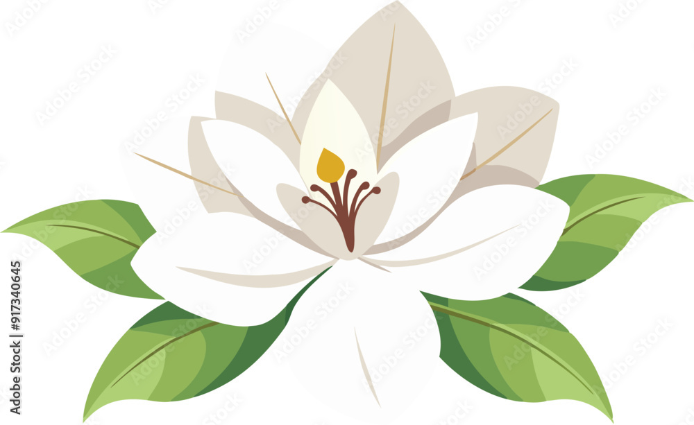 Wall mural a white magnolia flower blooms with delicate petals and vibrant green leaves.