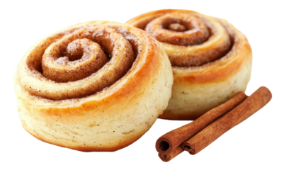 Warm cinnamon rolls with a sprinkle of sugar and cinnamon, freshly baked and served with cinnamon sticks, cut out - stock png.