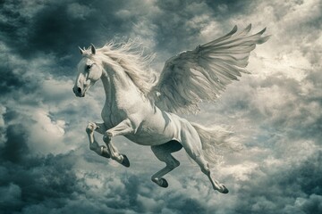 Obraz premium Mythical Pegasus Soars: An Embodiment of Greek Mythology's Heroic Steed, Inspiring Fantasy Art and Storytelling