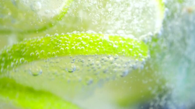 Close-up of lime slices in sparkling water with bubbles forming, showcasing vibrant colors and dynamic bubbles