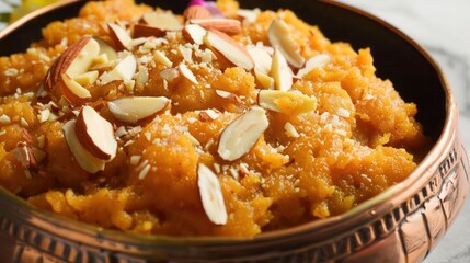 Close-up shot of a rich serving of badam halwa, creamy almond dessert with a golden hue, garnished with slivers of almonds.