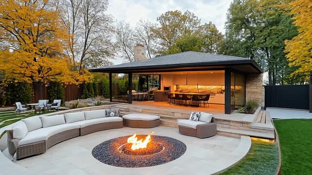 Modern fire pit burning brightly in a backyard patio with outdoor kitchen