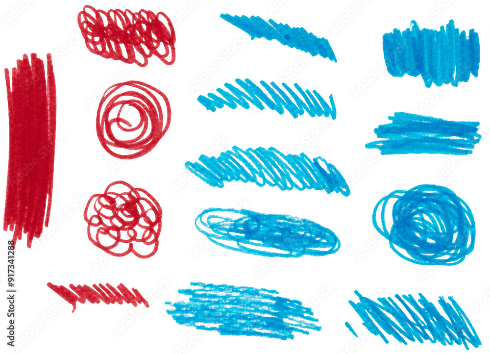 Aufkleber various scribbles and strokes made with red and blue marker on isolated background
