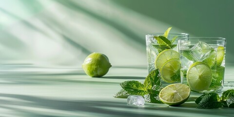 Refreshing mojito cocktail on a light green background