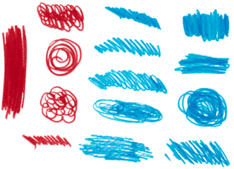 Various scribbles and strokes made with red and blue marker on isolated background