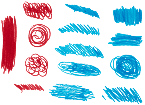 Various scribbles and strokes made with red and blue marker on isolated background