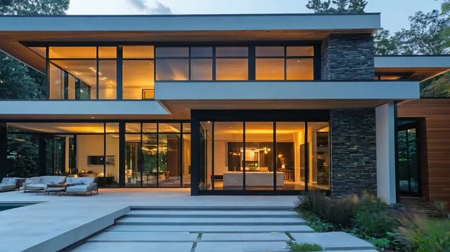 Modern luxury home exterior with pool and garden lighting up at dusk