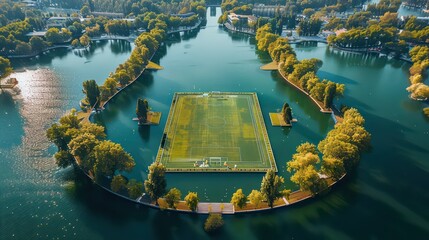 Aerial View of a Soccer Field on an Island in a Lake