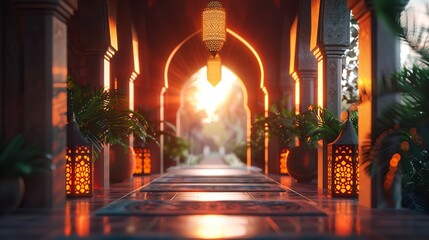 An Islamic archway with ornate patterns and hanging lanterns leading to the empty mosque hall, symbolizing spiritual and cultural significance.