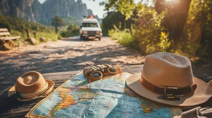 a map of the world on an outdoor table accompanied by hats and a car in the background