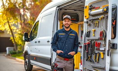 A plumber standing next to a fully equipped work van, showcasing the organization and readiness of their tools and equipment.