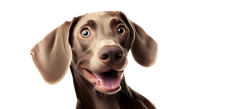 Cute playful doggy or pet is playing and looking happy isolated on transparent background. Brown weimaraner young dog is posing. Cute, happy crazy dog headshot smiling on transparent, png