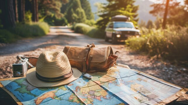 a map of the world on an outdoor table accompanied by hats and a car in the background - Powered by Adobe