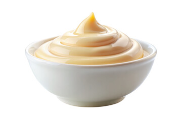 Close-up view of smooth, creamy mayonnaise in a white bowl. Ideal for food styling, condiment presentations, or culinary designs. Isolated on transparent background, png.