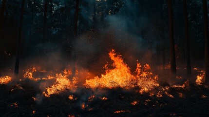 Forest wildfire spreading through dense woodland.