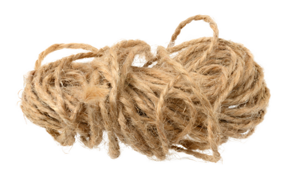 Brown twine rope on a white isolated background, top view. Packing natural