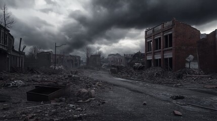 Fototapeta premium Desolate post-apocalyptic cityscape with abandoned buildings.