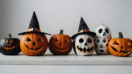 Halloween background small pumpkins lined up with witch hats on light background