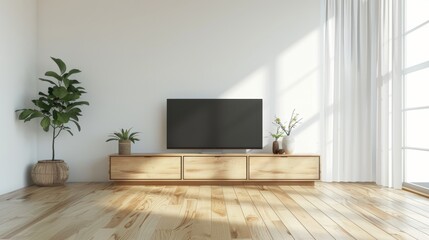 Obraz premium Photo of white wall background, simple living room interior with TV cabinet.