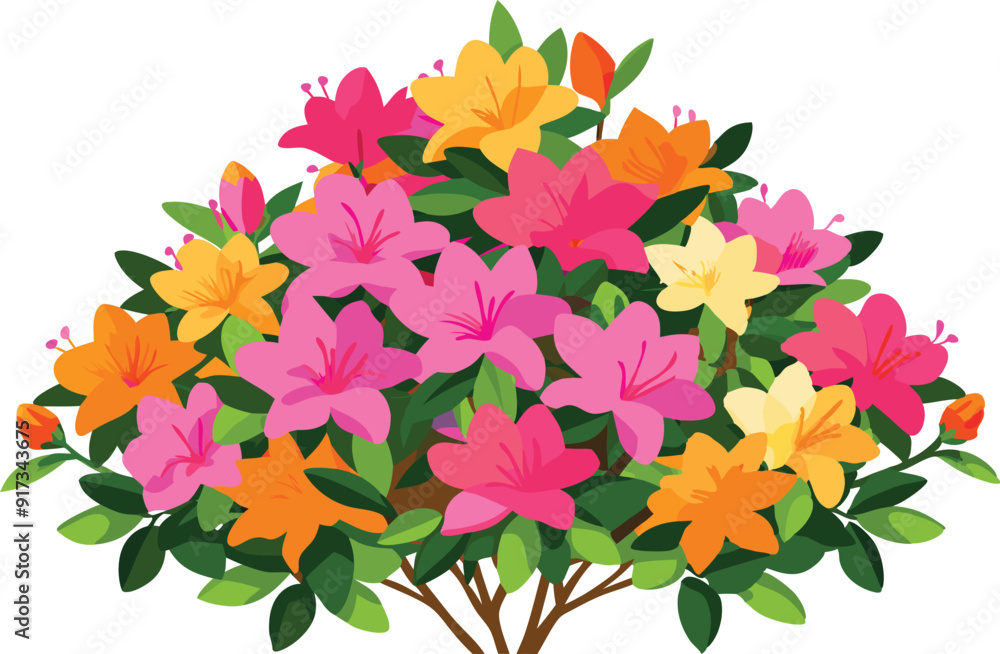 Wall mural a vibrant cluster of azalea flowers showcasing pink, orange, and yellow hues amid lush green leaves.