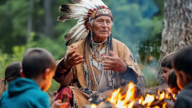 Native american chief telling stories around campfire to children