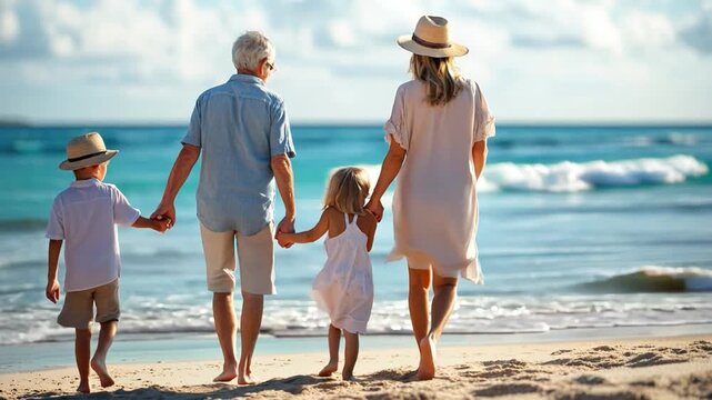 Family walking on beach holding hands enjoying vacation