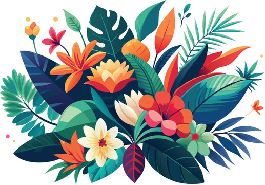 A colorful arrangement of tropical flowers and foliage showcasing vivid hues and natural beauty.