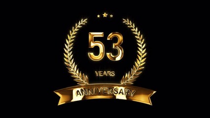 53rd Anniversary Celebration. Happy 53 Years Anniversary Animation in Gold Color on the Transparent Background, Alpha Channel. Great for greetings, celebrations, events, and gifts.