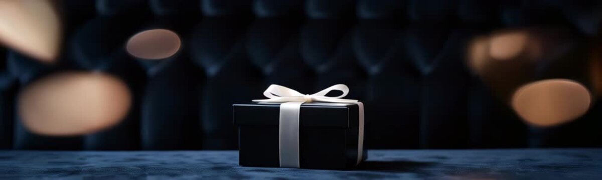 Luxury black gift box with white ribbon against dark bokeh background, Men's day, father's day. Valentine's Day, Holidays gifts concept, anniversary, birthday. Copy space template web banner