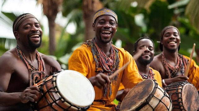 Group of african musicians playing traditional drums and smiling